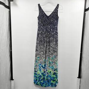 Chaps Dark Blue & Green Ombré Floral Print V Neck Empire Waist Maxi Dress Size S